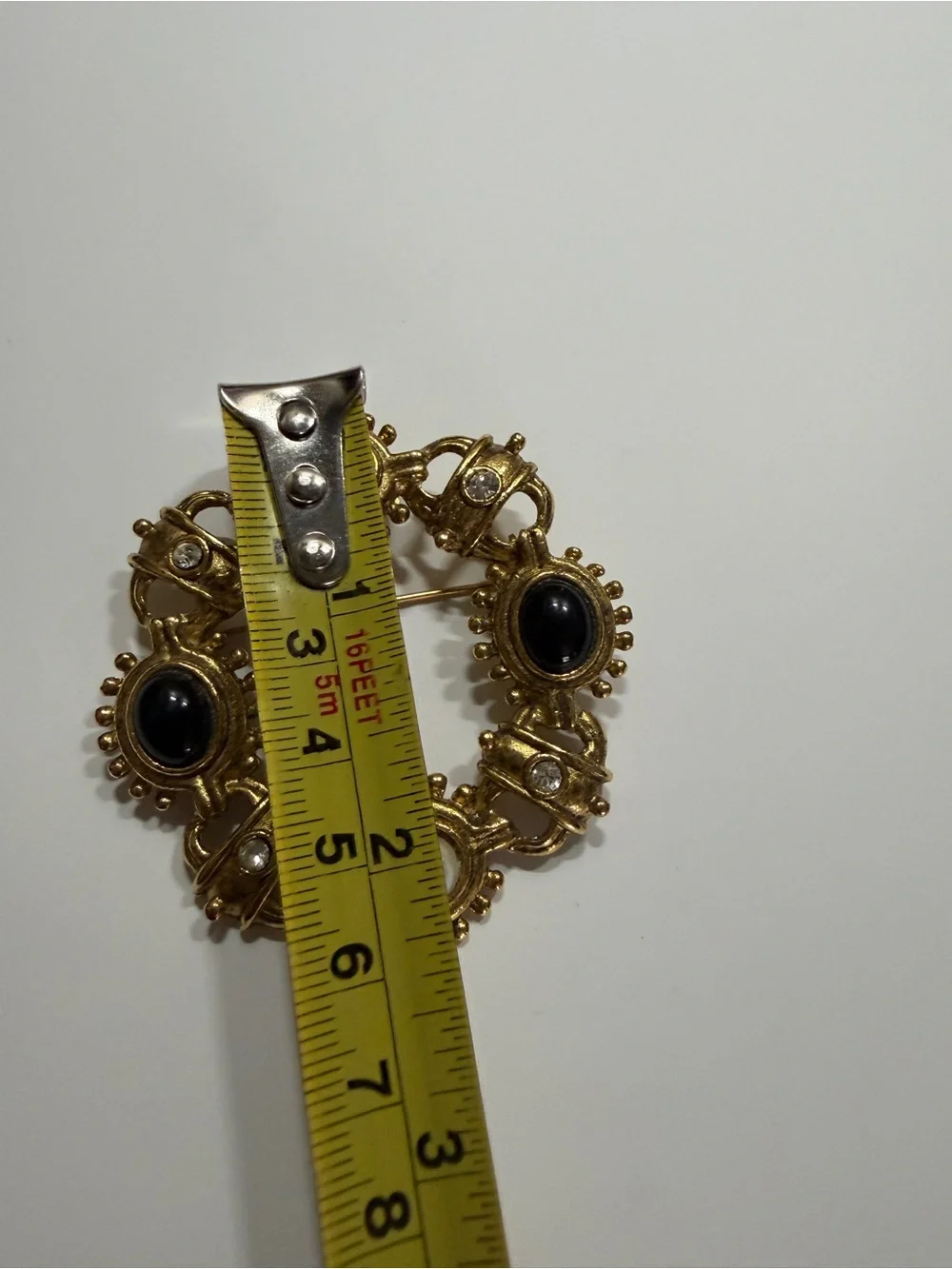 Vintage Gold Tone Faux Pearl &‎ Black Cabochon Rhinestone Circle Brooch Pin